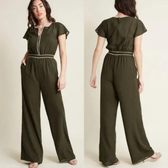 Modcloth Jumpsuit Intrigue Mastery Chiffon Wide Leg Olive Green Boho Size S - Picture 1 of 13